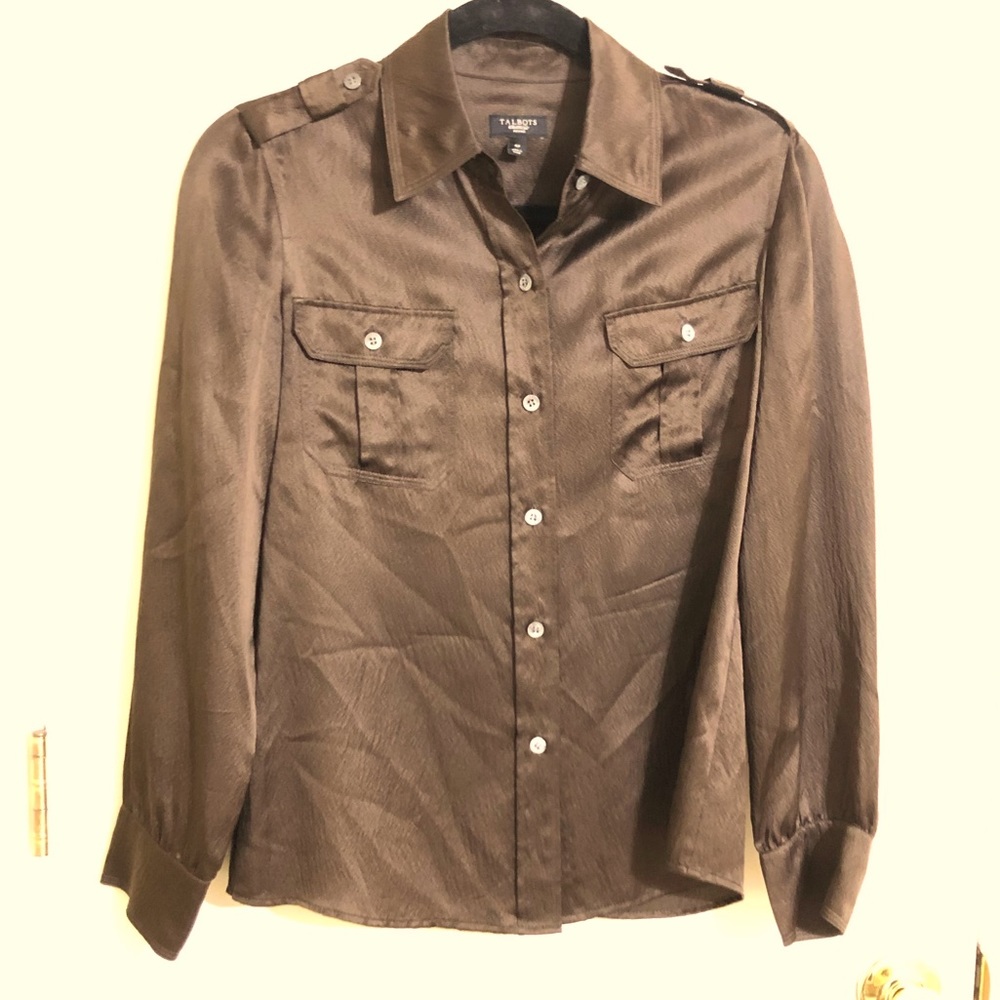 Talbots 100% Silk Brown Button Up Collared Shirt W/ Pocket Detail Size 4P